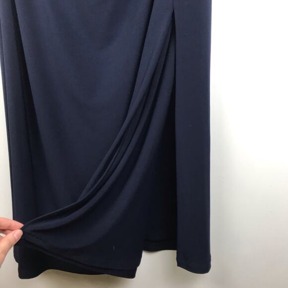 Lauren Ralph Lauren Evening Dress Maxi Navy Beaded Shoulders V-Neck Drape Sz 12 - Picture 6 of 12